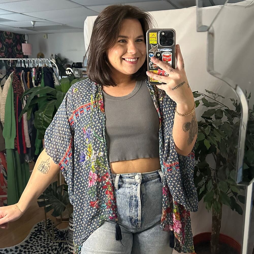 Johnny Was 100% silk navy floral kimono wrap top